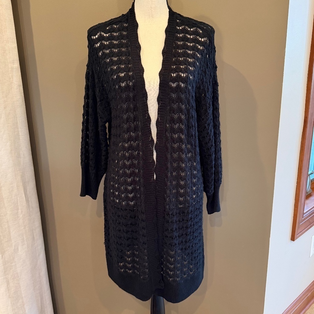 Lauren Conrad Women's black open knit midi sweater, Crochet Cardigan, Size XL